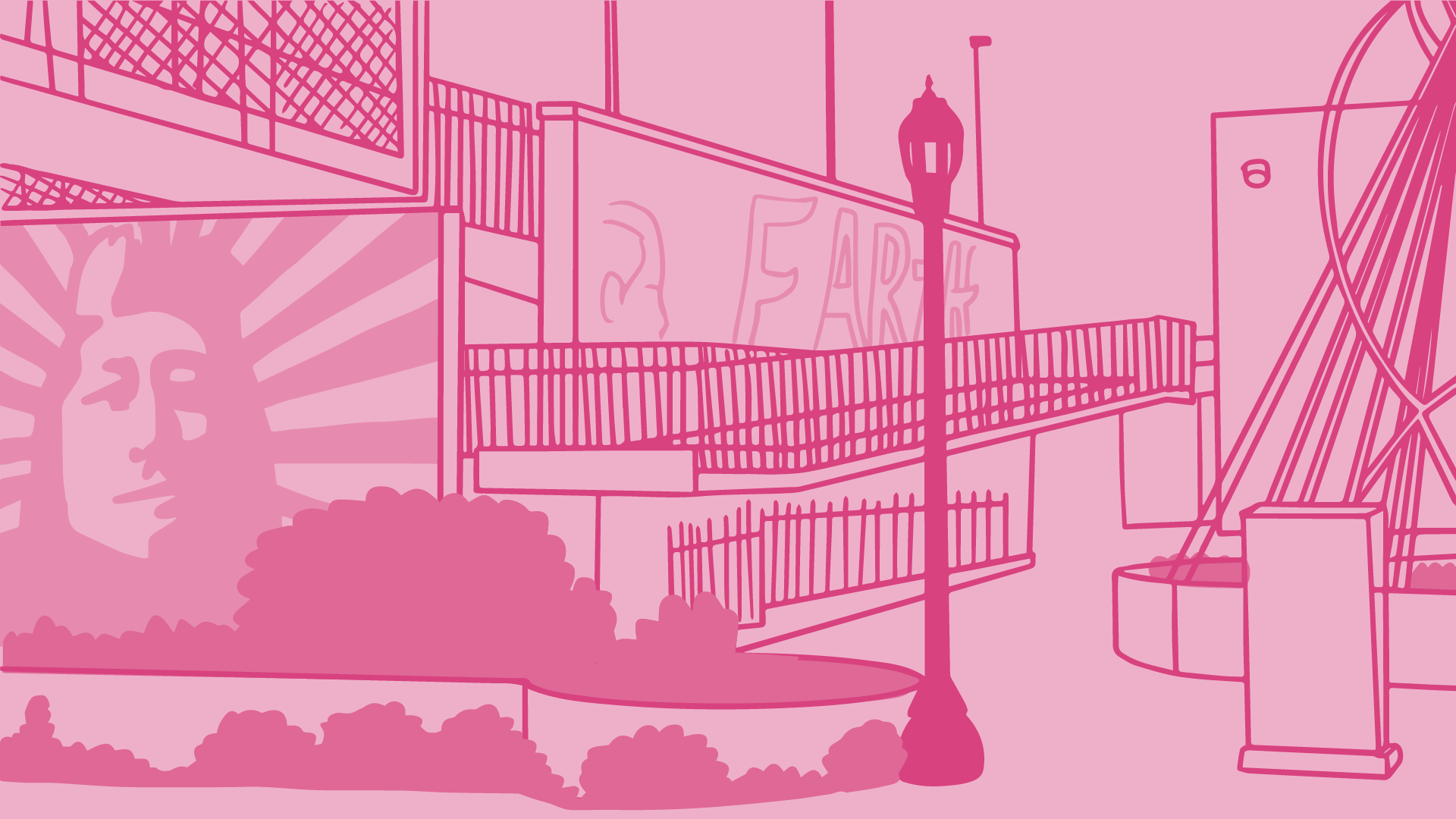 An illustration of a park mural in monochromatic pink