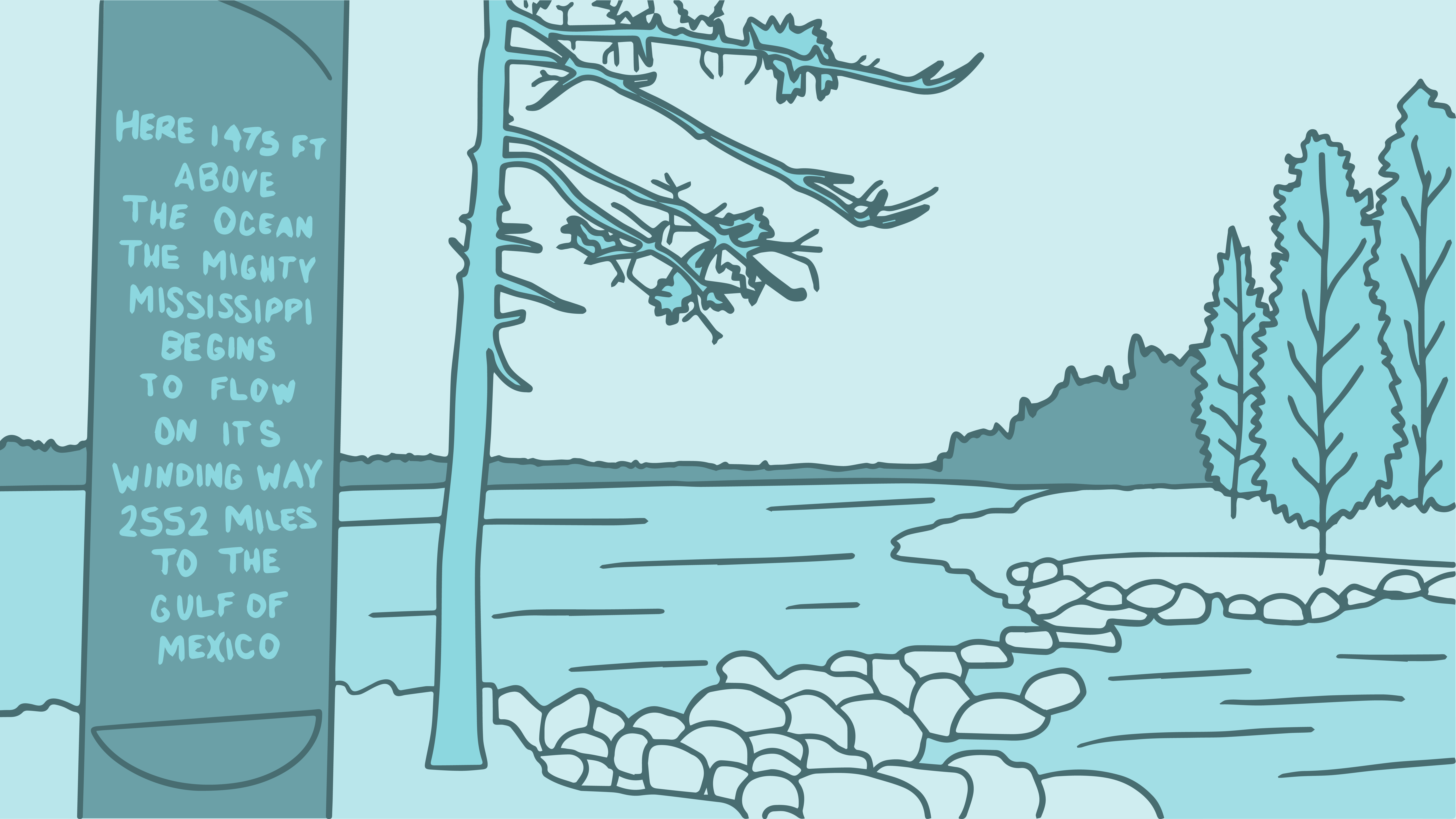 An illustration of the Mississippi HEadwaters in monochromatic blue