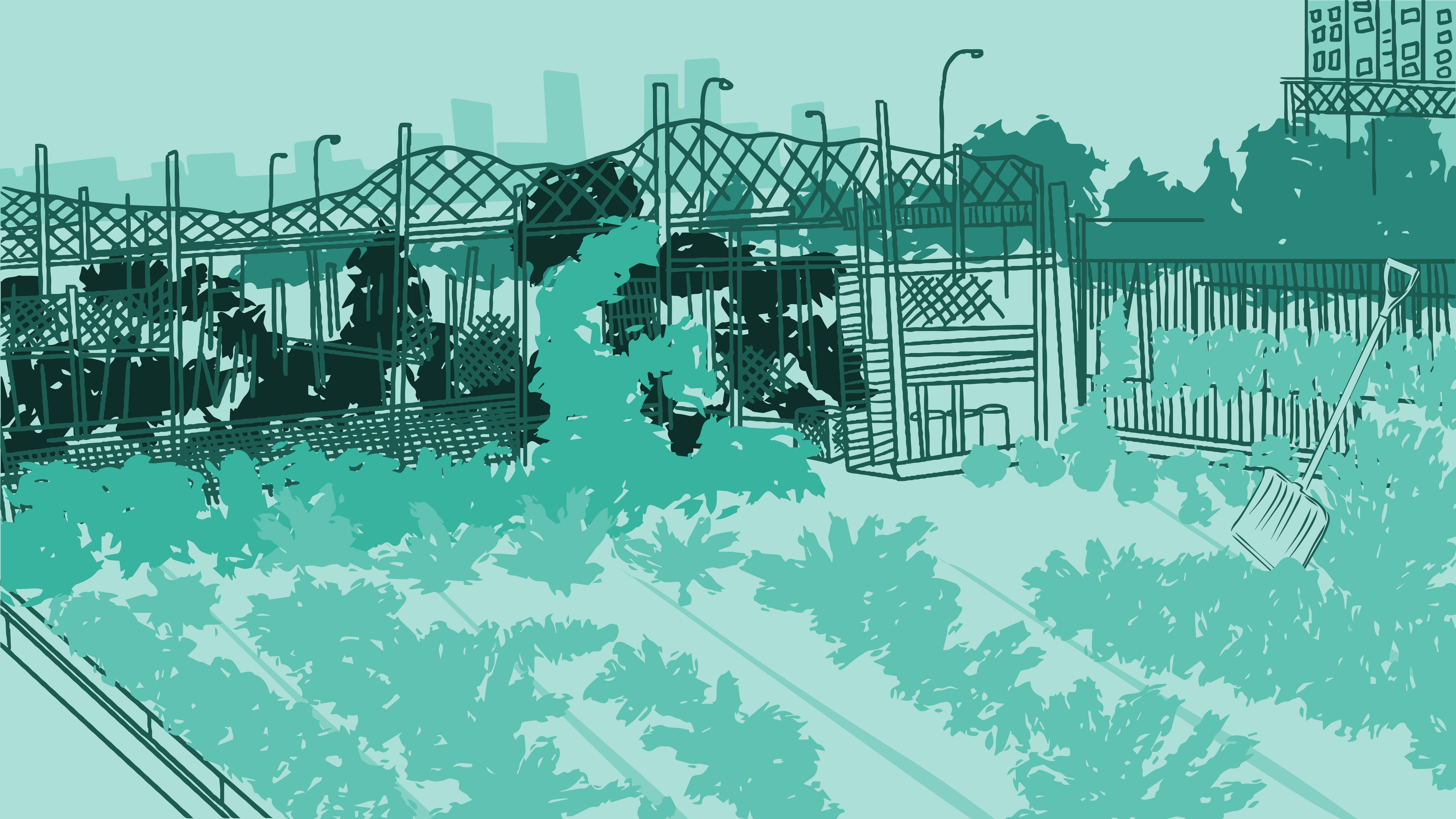 Illustration of an urban community garden in monochromatic green