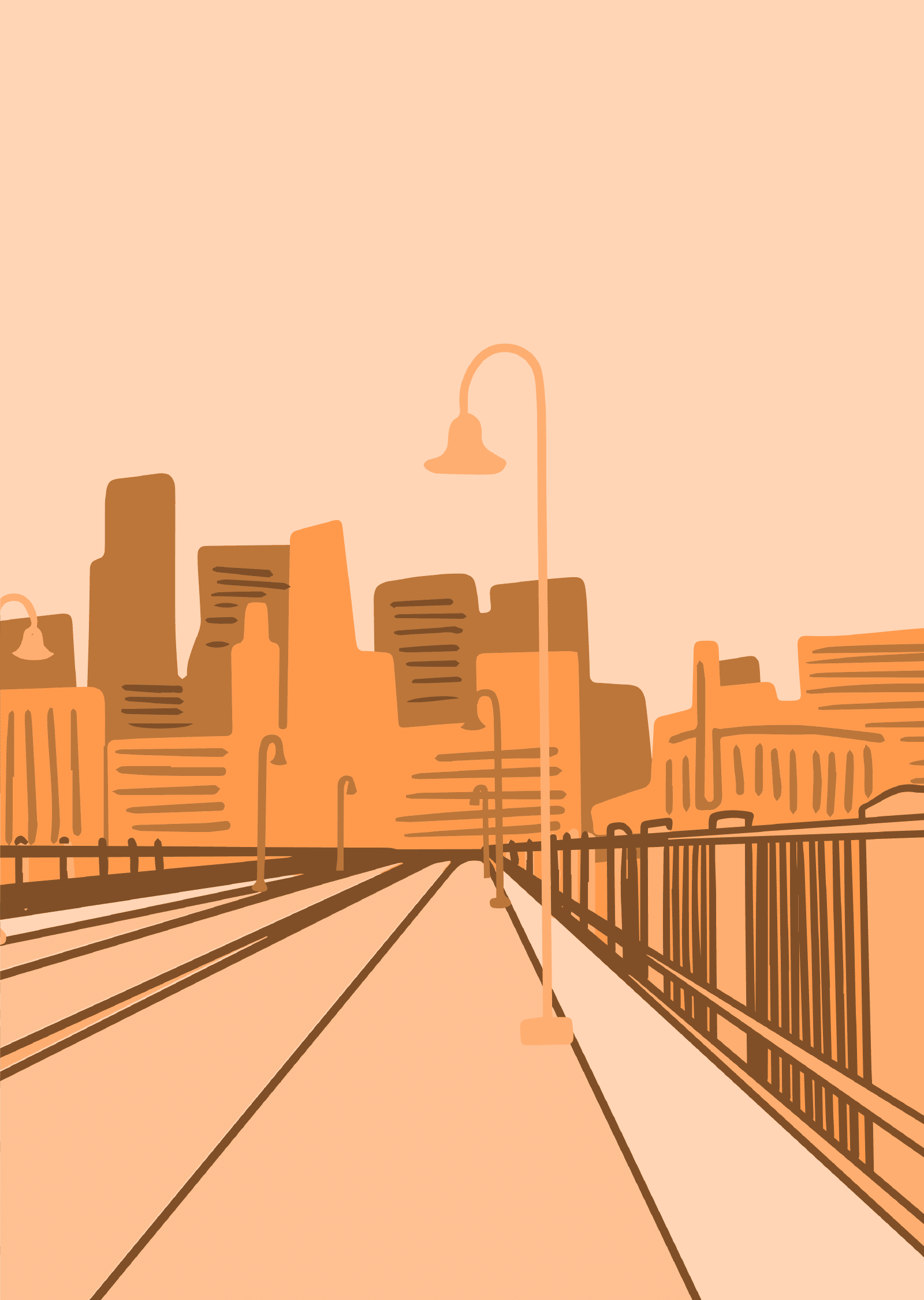 AN illustration of a view from the stone arch bridge in monochromatic orange