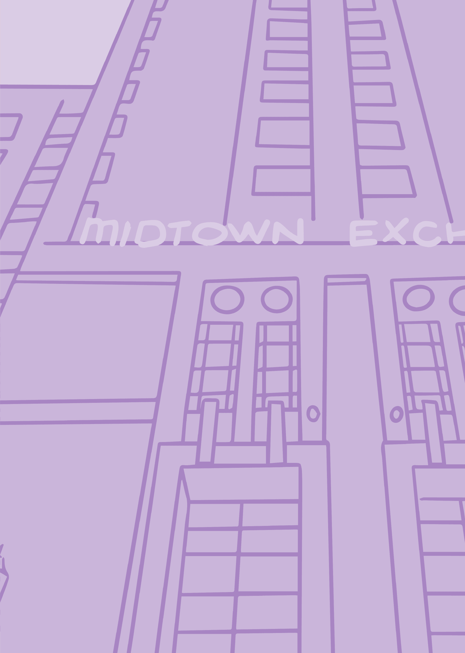An illustration of midtown exchange in monochromatic purple