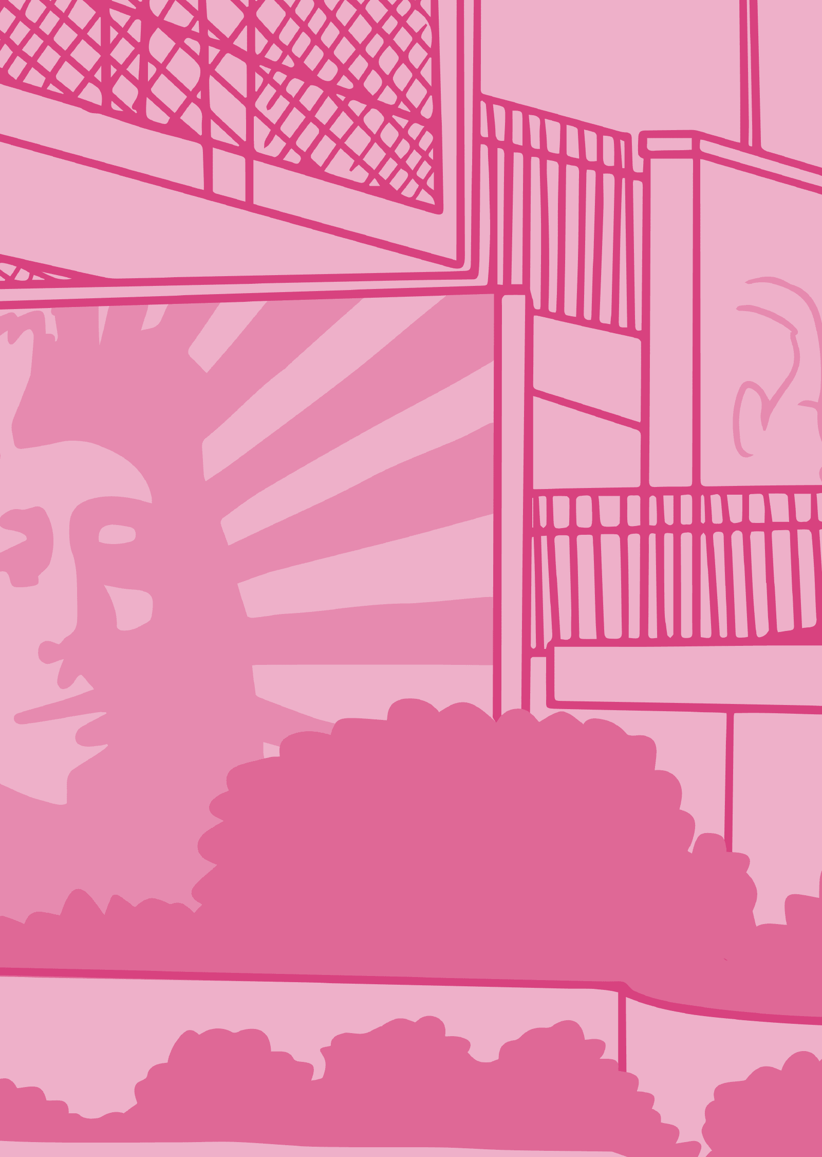 An illustration of a park mural in monochromatic pink