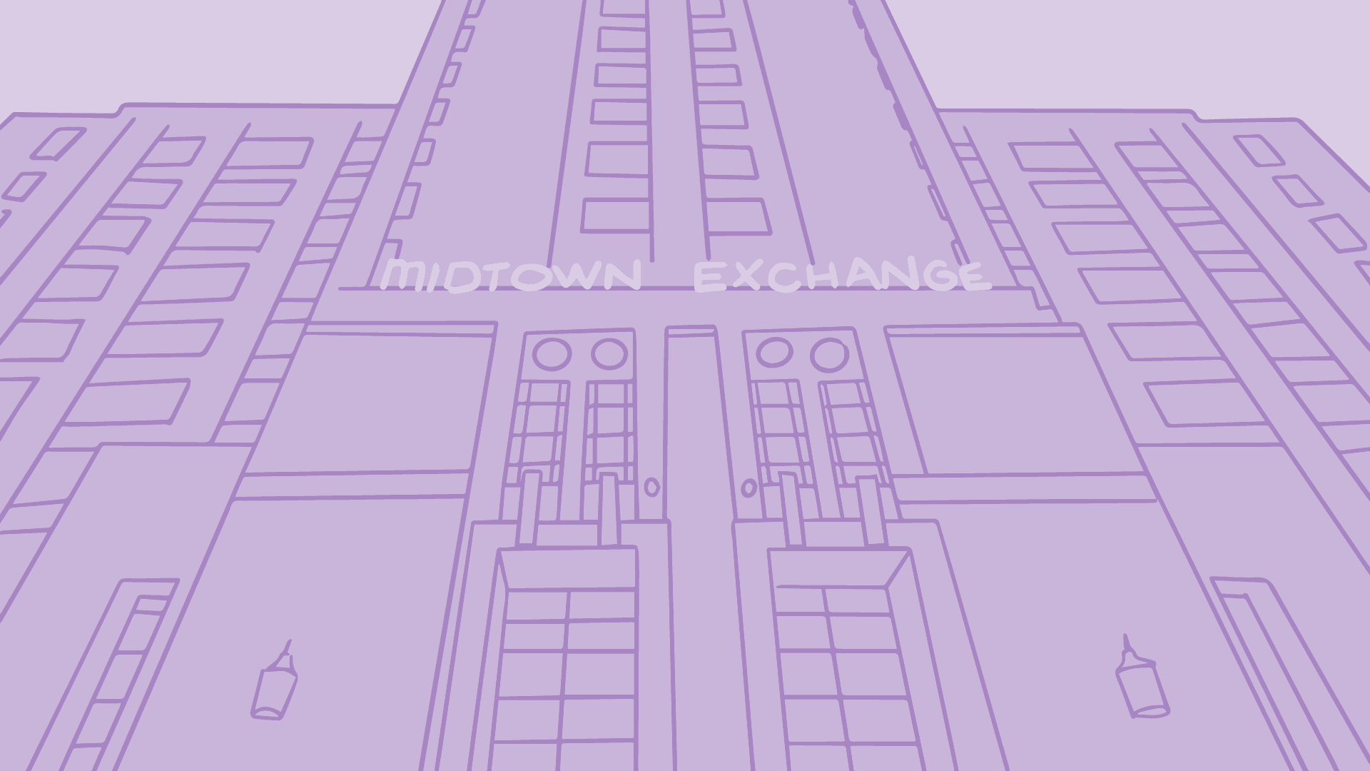 Illustration of midtown exchange in monochromatic purple