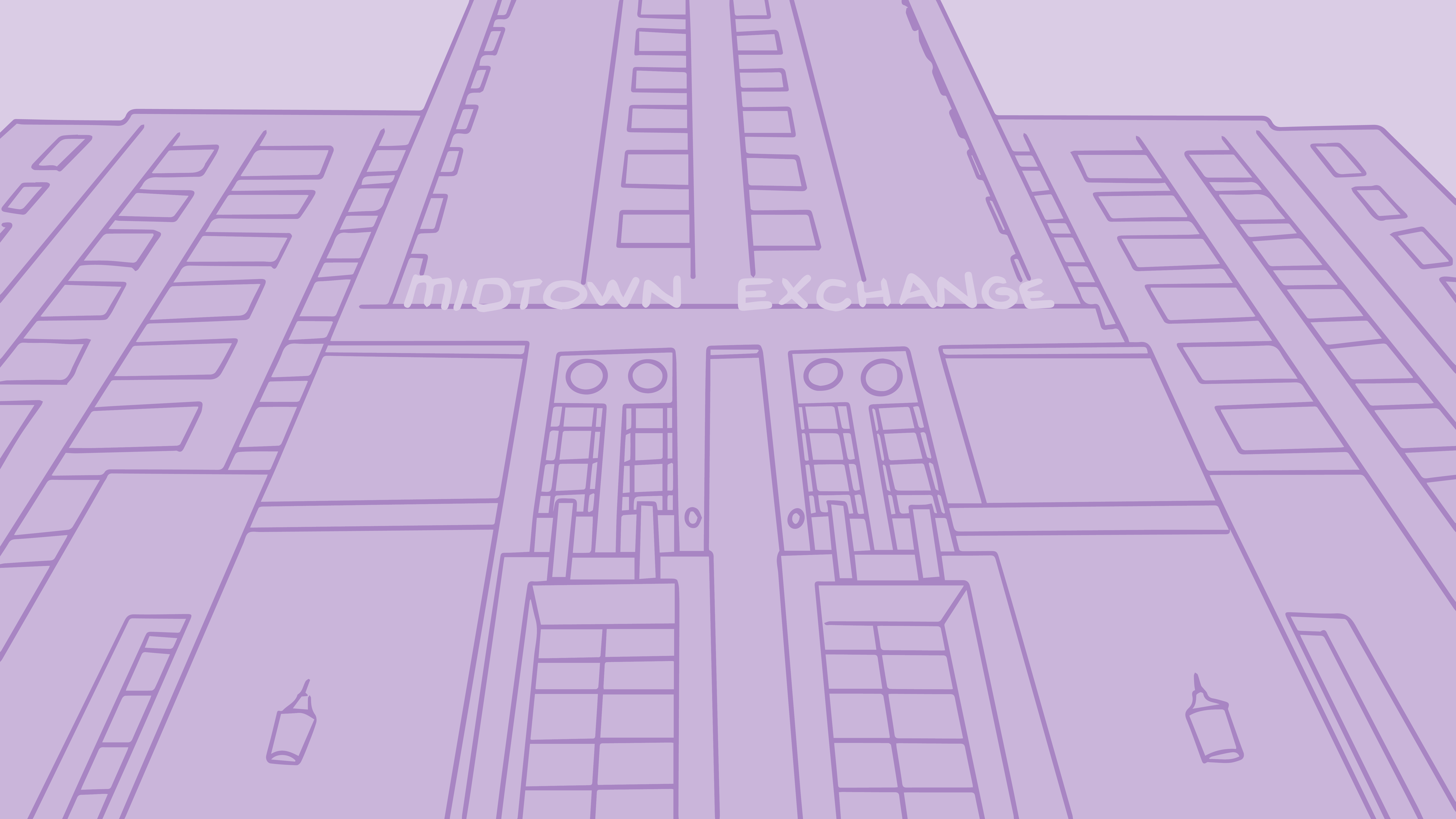 Illustration of midtown exchange in monochromatic purple