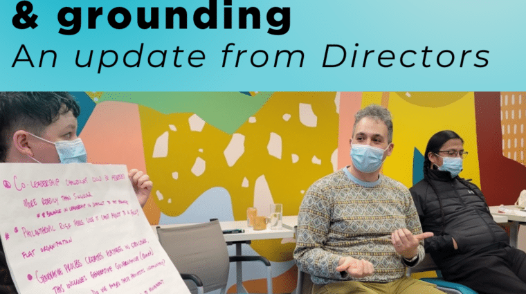 A photo of three people wearing masks in front of a colorful mural. Above the blog title, "Our January retreat provides momentum and grounding: an update from Directors"
