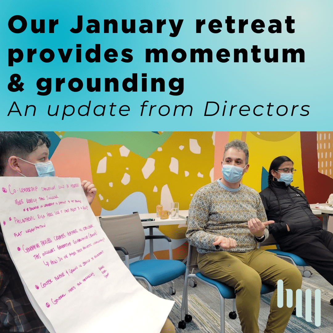 A photo of three people wearing masks in front of a colorful mural. Above the blog title, "Our January retreat provides momentum and grounding: an update from Directors"