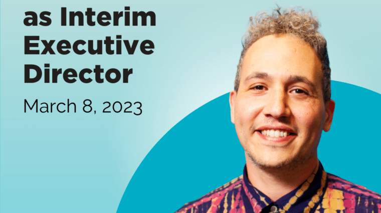 "Headwaters Announces Bilal Alkatout as Interim Executive Director" on a gradient blue background. There is a picture of Bilal wearing a multicolored shirt and smiling in the right corner